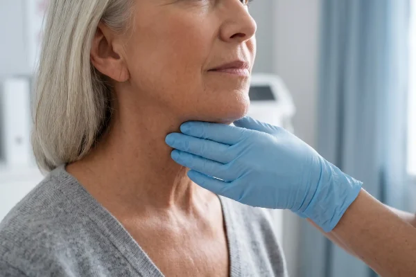 Skin pinch test under the chin checking candidacy for combined skin tightening