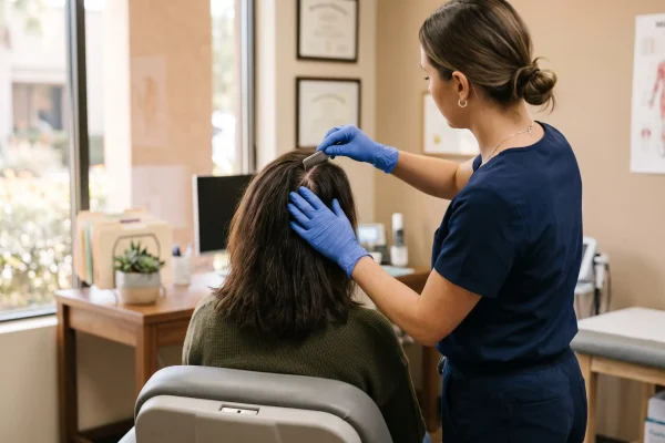 Clinician checking a patient's hairline to assess PRP candidacy