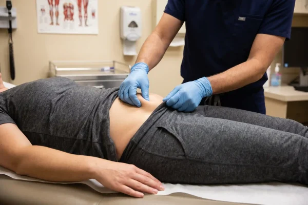 Clinician checking tummy tuck candidacy with a lower-abdomen pinch test in Tampa