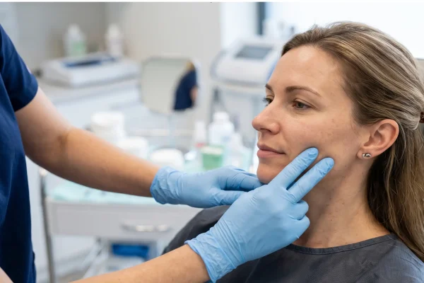 Clinician examining a patient for a palpable PDO thread at follow-up