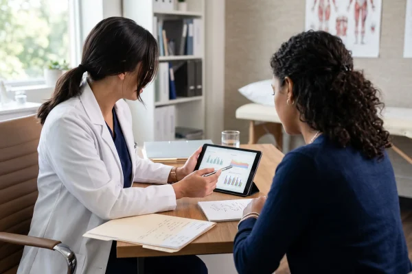 Clinician-guided peptide consultation reviewing labs at a Tampa clinic