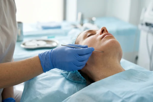 Clinician holding a slim probe near the jawline to show how FaceTite works