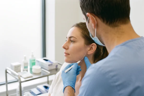 Clinician marking a patient's jaw before a jawline filler treatment