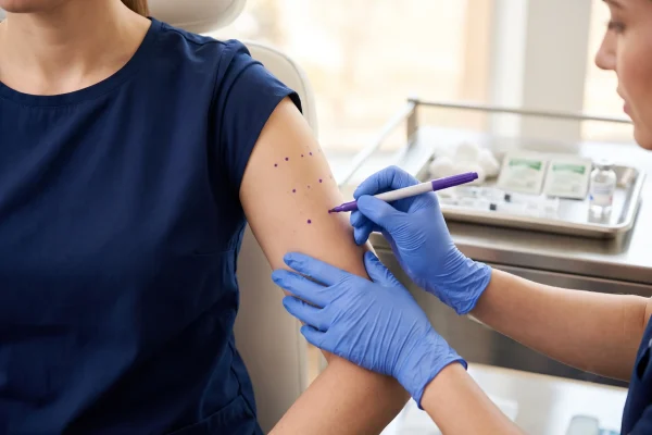 Clinician marking deltoid injection points before off-label arm muscle slimming