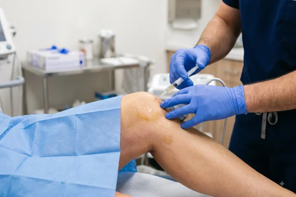 Clinician performing a knee joint injection during a PRP session