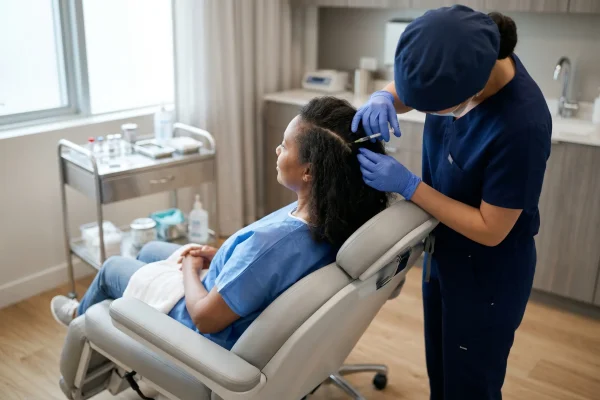 Clinician performing a PRP scalp injection during a maintenance visit