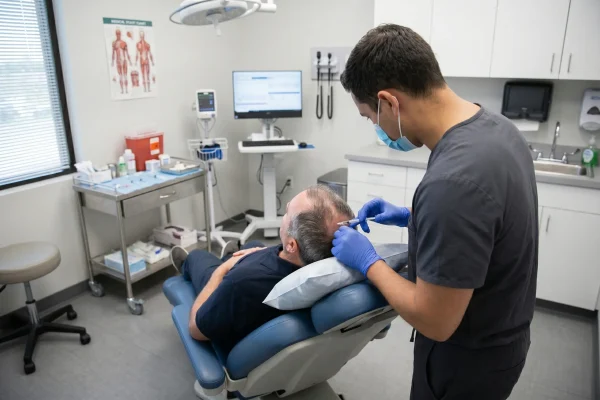 Clinician performing PRP scalp injections during hair treatment session