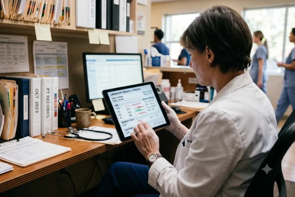 Clinician reviewing tesamorelin cholesterol trial data on tablet