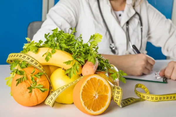 Close-up of fresh fruits in dietician's clinic
