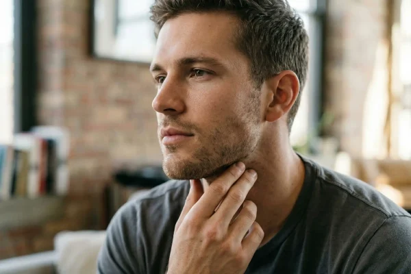 Close-up of a man’s chiseled lower face and neck.