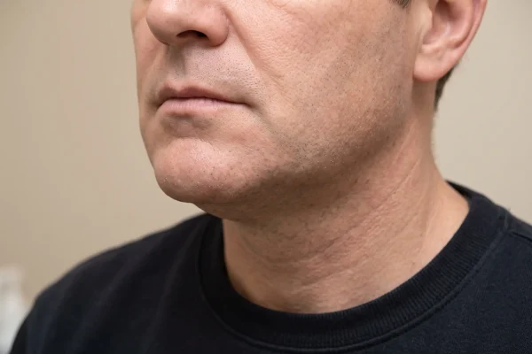 Close-up of an overfilled, widened lower face from too much filler