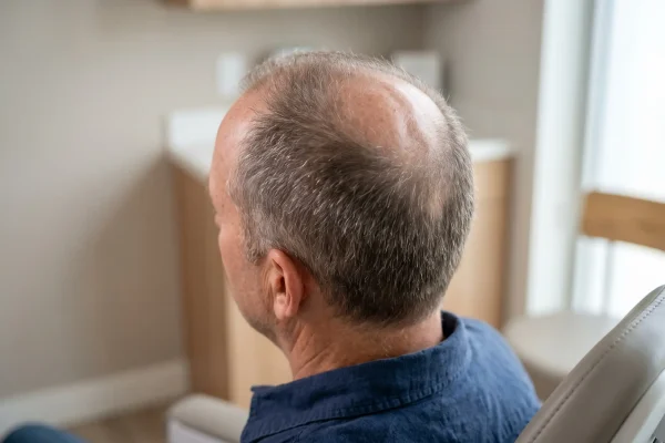 Close-up of male pattern baldness on the back of the head.