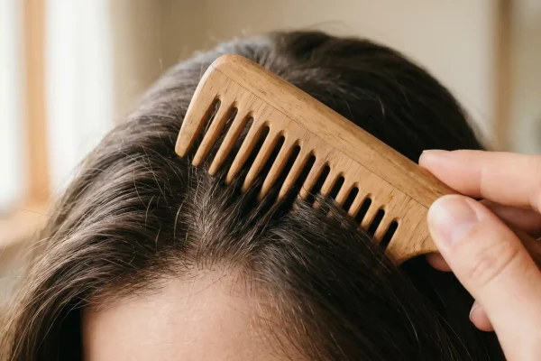 Combing hair gently with a wide-tooth comb after a PRP treatment