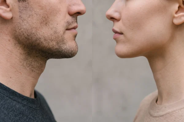 Comparison of a defined male and female jawline after filler