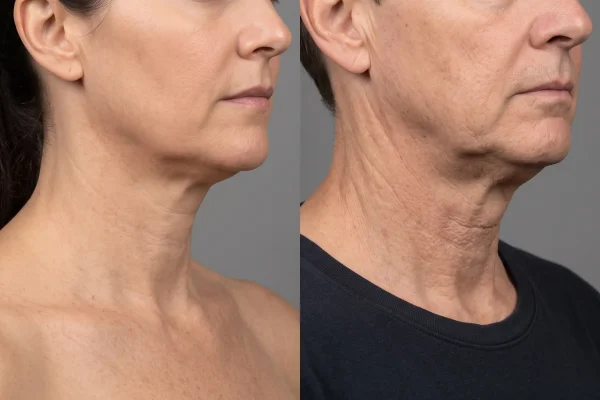 Comparison of mild neck laxity versus advanced sagging showing the limits of FaceTite treatment
