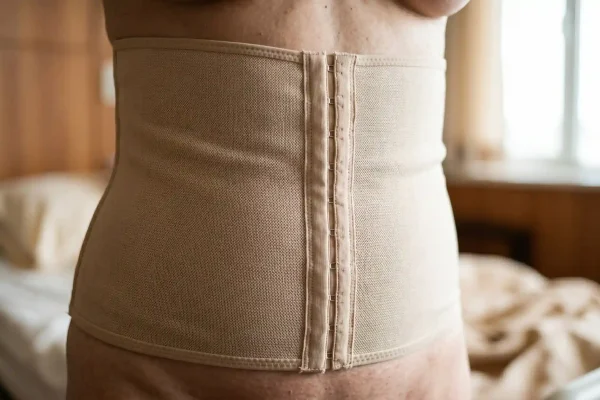 Compression garment after liposuction showing proper fit during recovery