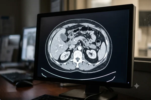 CT scan showing visceral fat that tesamorelin targets to improve cholesterol