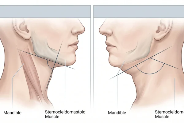Diagram comparing a youthful cervicomental angle with a blunted neck angle