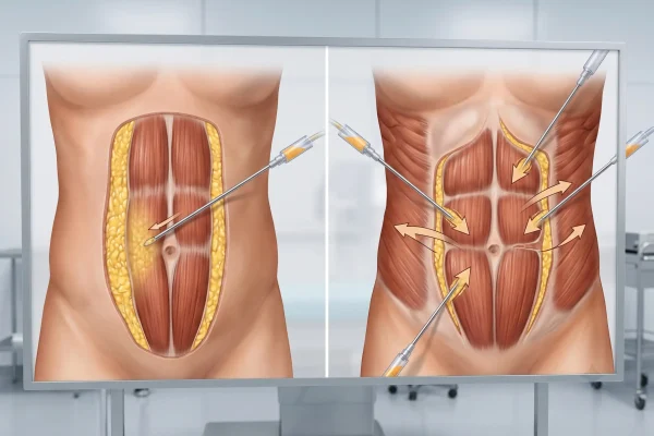 Diagram comparing standard liposuction and HD liposuction fat layers