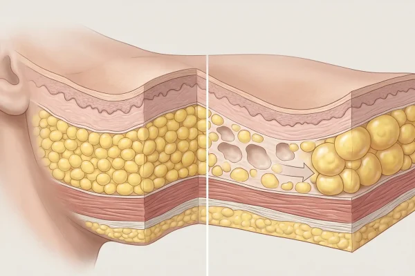 Diagram of fat cells removed and remaining after neck liposuction