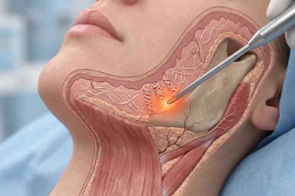 Diagram of how FaceTite tightens skin on the jawline and neck