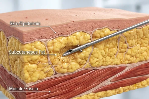 Diagram of how liposuction removes fat between skin and muscle