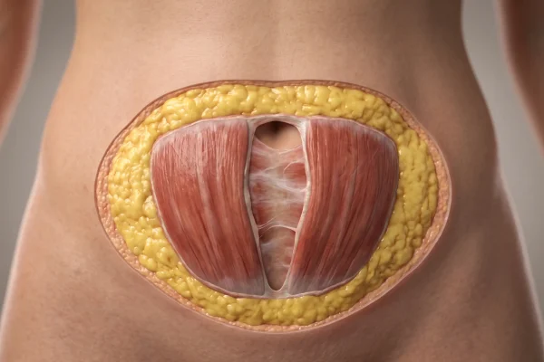 Diagram of skin, fat, and muscle layers a tummy tuck repairs, not hormone organs
