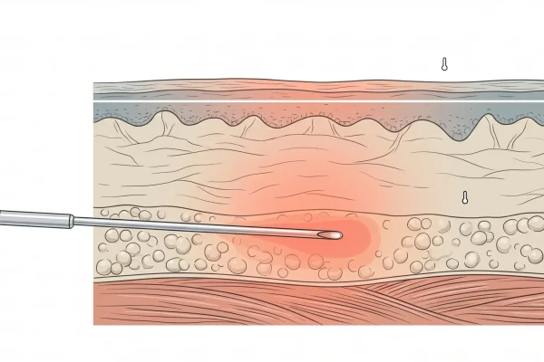 Diagram of skin layers showing internal and surface temperature targets during FaceTite treatment