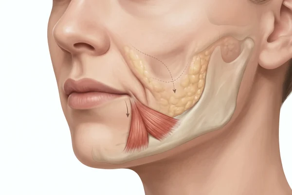 Diagram of the DAO muscle and cheek volume loss behind marionette lines