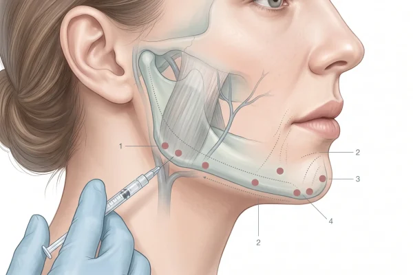 Diagram of where jawline filler is injected along the jaw and chin