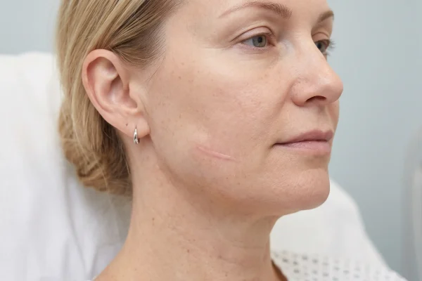 Close-up of mild early bump along the jawline soon after a PDO thread lift
