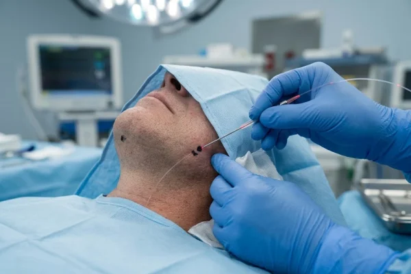 Thin laser fiber placed under the skin during an Endolift style treatment