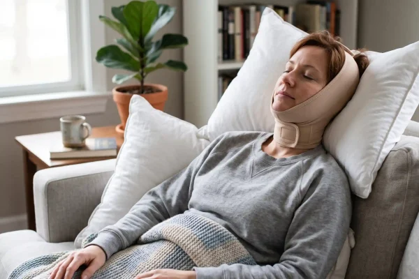 Patient resting with head elevated in a compression wrap during first-day FaceTite aftercare