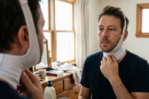 Man wearing a neck compression garment to reduce lumps after FaceTite