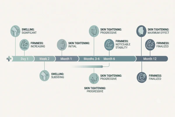 FaceTite neck recovery timeline showing lumps fading over 12 months