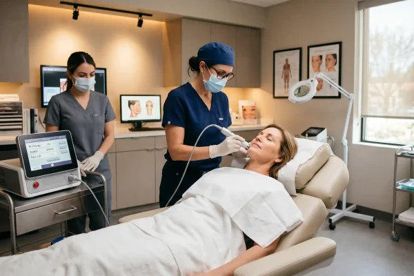 Surgeon performing FaceTite radiofrequency procedure in a clinical setting