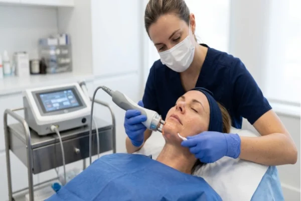 Radiofrequency probes tightening skin along the jawline during FaceTite