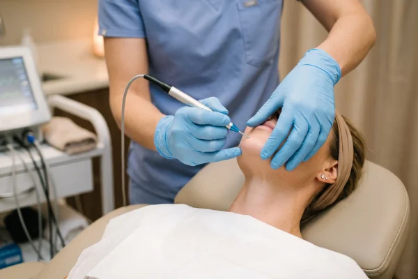 Radiofrequency probe near the jaw showing how FaceTite works under the skin