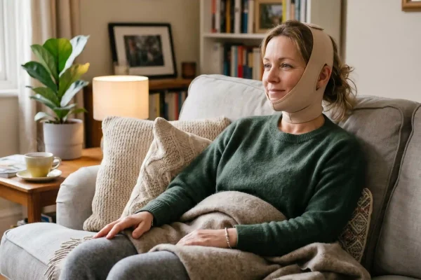 Patient wearing compression garment during FaceTite recovery