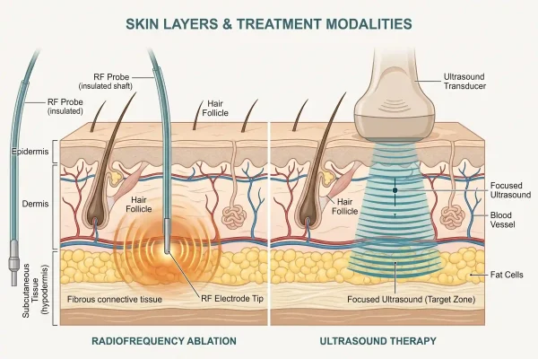 Diagram comparing FaceTite depth under the skin with HIFU from the surface