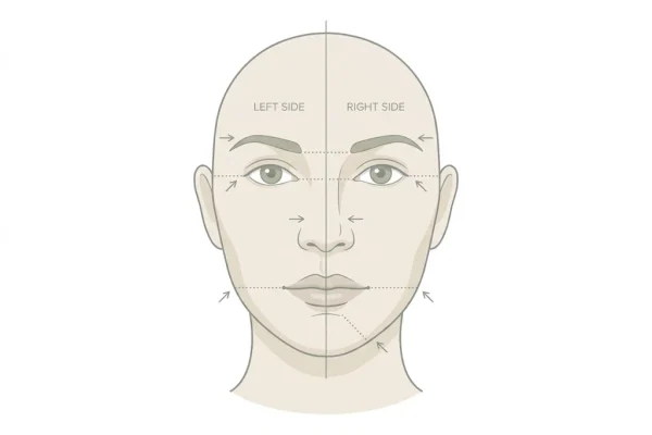 Facial symmetry midline diagram explaining how uneven features are assessed