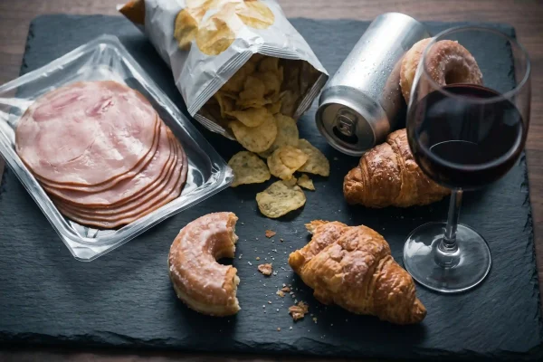 Foods to avoid after liposuction including high-sodium deli meat, alcohol, soda, and processed snacks