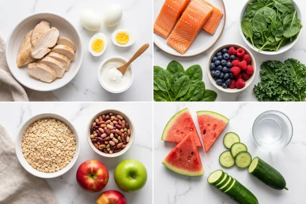 Foods to eat after liposuction grouped by protein, anti-inflammatory, hydration, and fiber