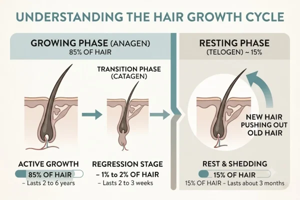 Diagram of the hair growth cycle showing how a new hair pushes out a resting hair
