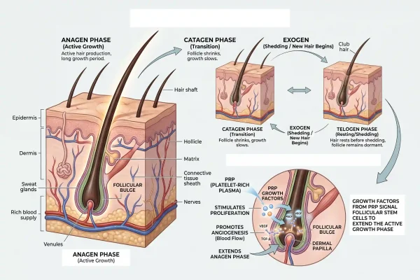 Hair growth cycle showing the anagen phase PRP growth factors extend