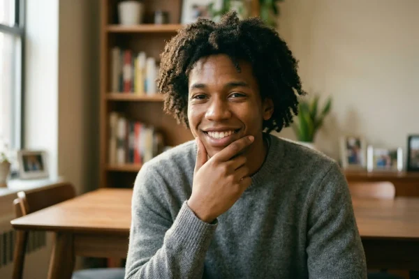 happy young man touching his face