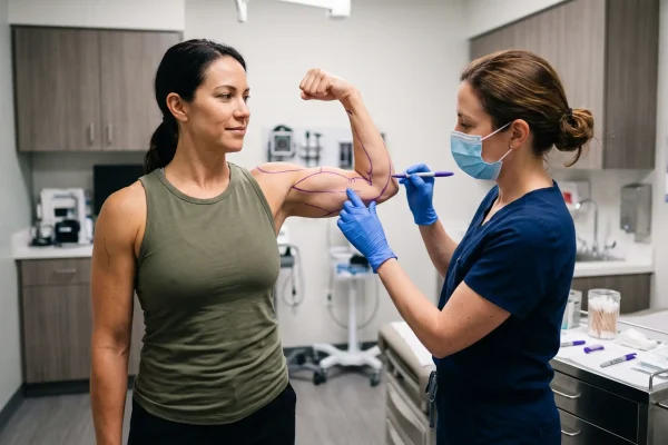 Surgeon marking arm contours before HD arm liposuction while patient flexes