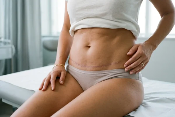 Healed hip-to-hip tummy tuck incision scar after recovery