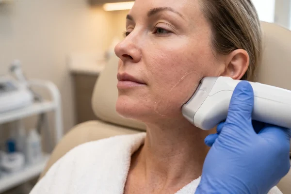 HIFU handpiece delivering focused ultrasound along the lower face for skin tightening