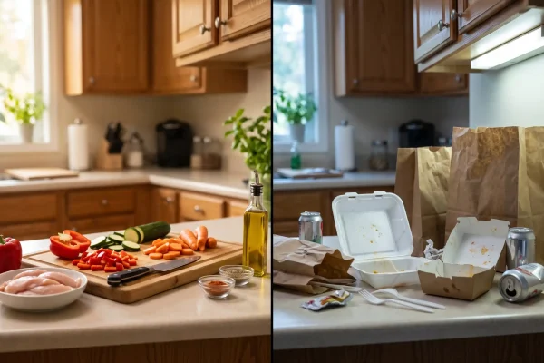 Home cooking versus fast food showing how daily eating habits affect long-term liposuction results